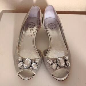 I Miller RHODA Silver Peep Toe Glitter Wedge Embellished Shoes Wedding Size 7.5